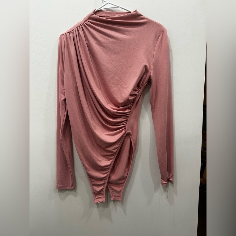 SHEIN Pink Ruched Long Sleeve Bodysuit